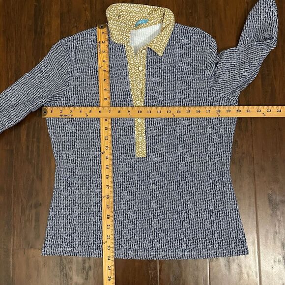 J.MCLAUGHLIN Printed Henley Blouse Blue 3/4 Sleeve Nylon Stretch NWOT - Picture 8 of 9
